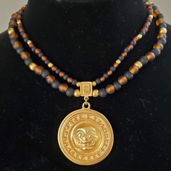 INCA Vintage Gold Medallion and Glass Beads Choker Necklace - 15 inch - Picture 1 of 6